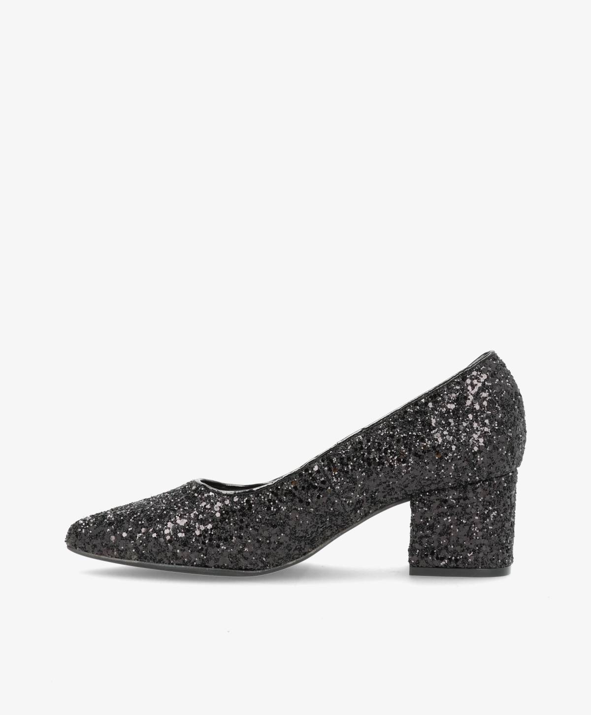 Sort glitrende pumps fra Shoedesign Copenhagen med blokhæl.