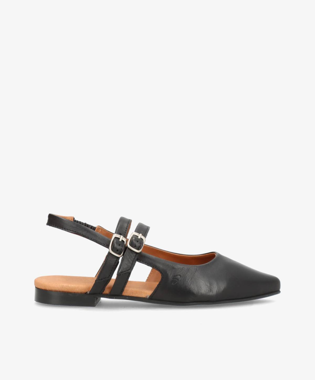 Sort læder slingback sko fra Shoedesign Copenhagen med spidse tæer og justerbare stropper.