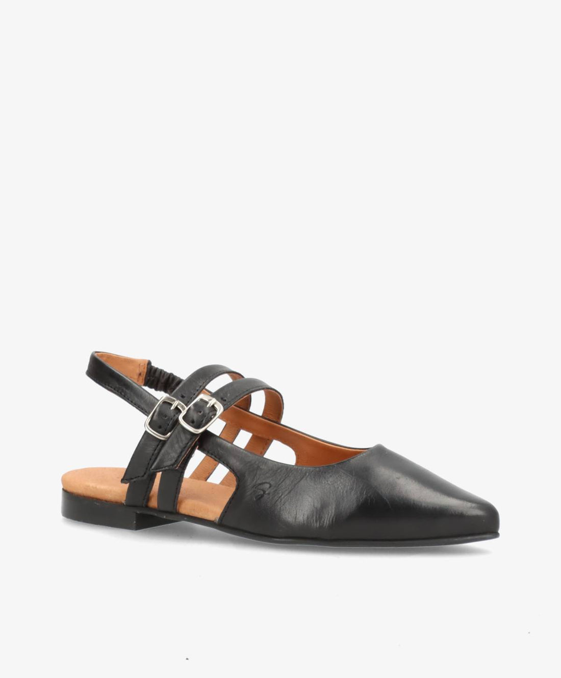 Sort læder slingback sko fra Shoedesign Copenhagen med spidse tæer og justerbare stropper.
