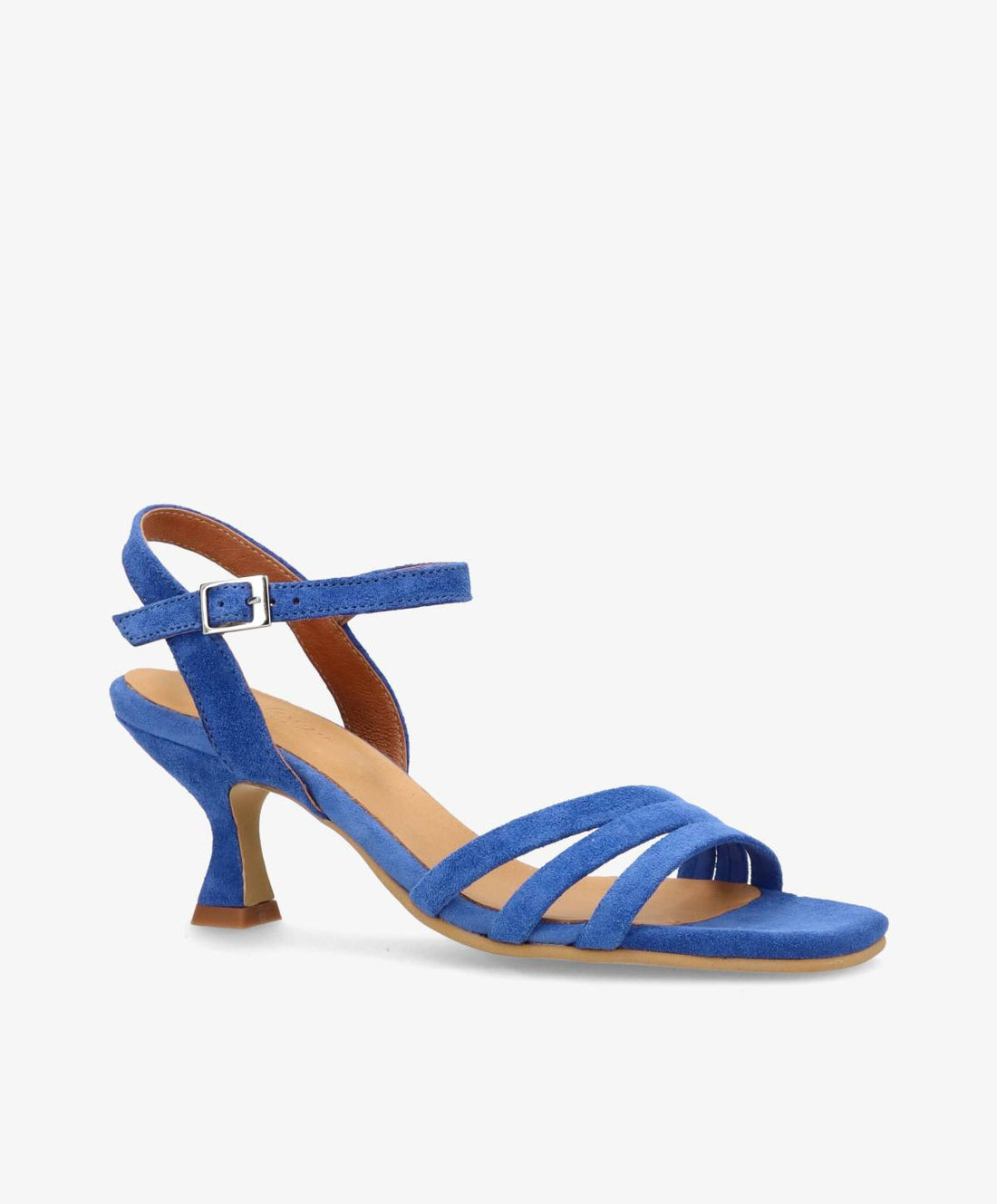 Blå pumps fra Shoedesign Copenhagen med remme og spænde, set fra siden.
