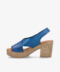 Blå sandal med høj hæl og flettet sål fra Shoedesign Copenhagen.
