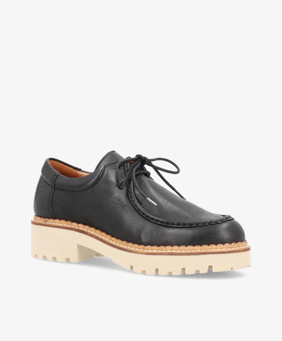 Sort sko fra Shoedesign Copenhagen med snørebånd og kraftig, lys sål.