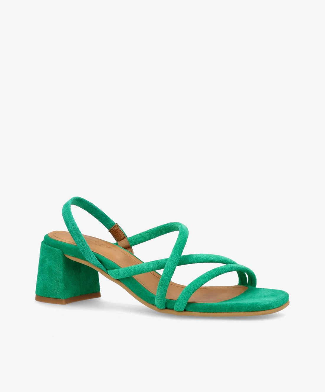 Grøn sandal fra Shoedesign Copenhagen med blokhæl og krydsede stropper.