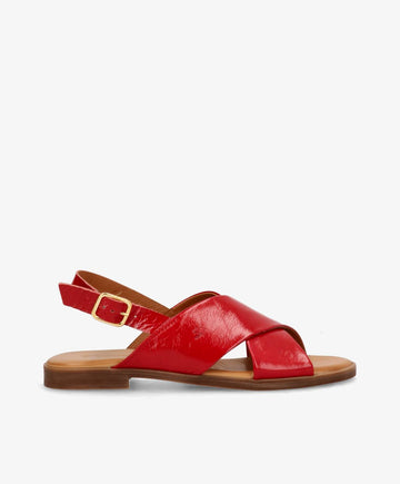 Røde læder sandaler fra Shoedesign Copenhagen med krydsede stropper og justerbar spænde.