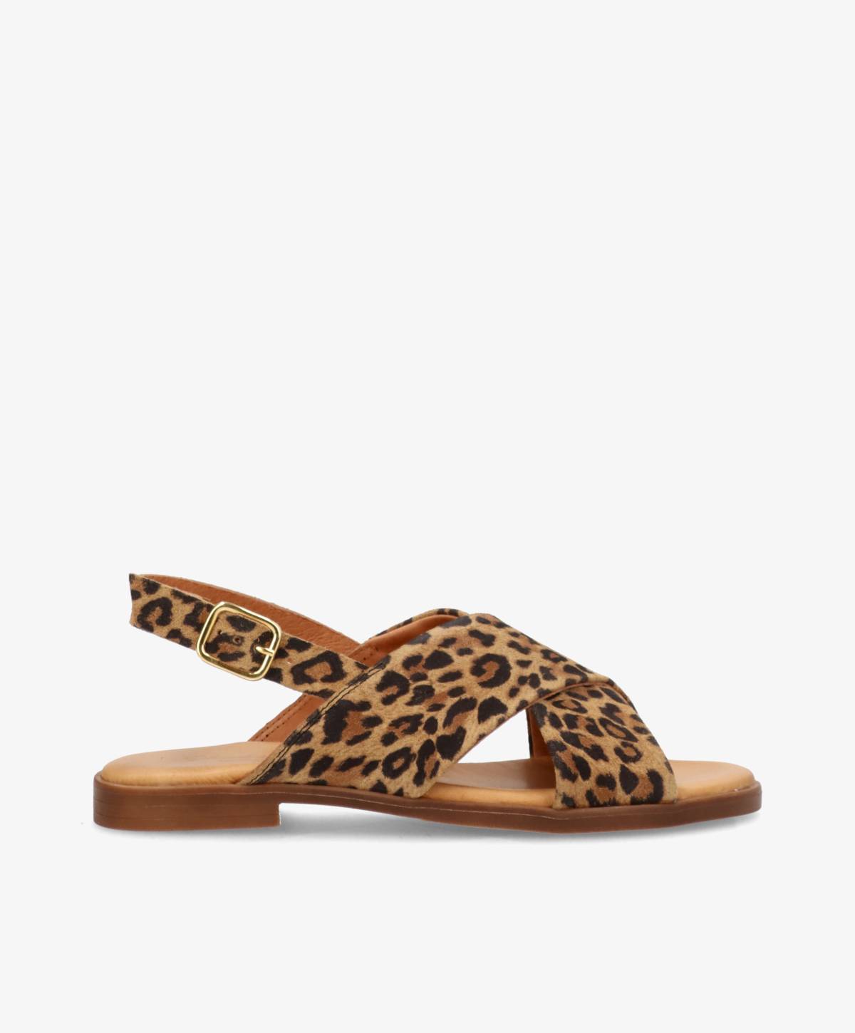 Sandaler fra Shoedesign Copenhagen i leopardmønster med krydsede remme og justerbar spænde.