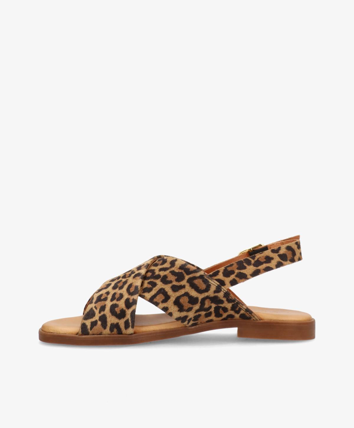 Sandaler fra Shoedesign Copenhagen i leopardmønster med krydsede stropper og flad sål.