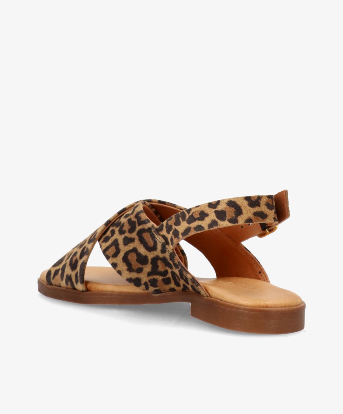 Leopardmønstret sandal fra Shoedesign Copenhagen med krydsede stropper og flad sål.