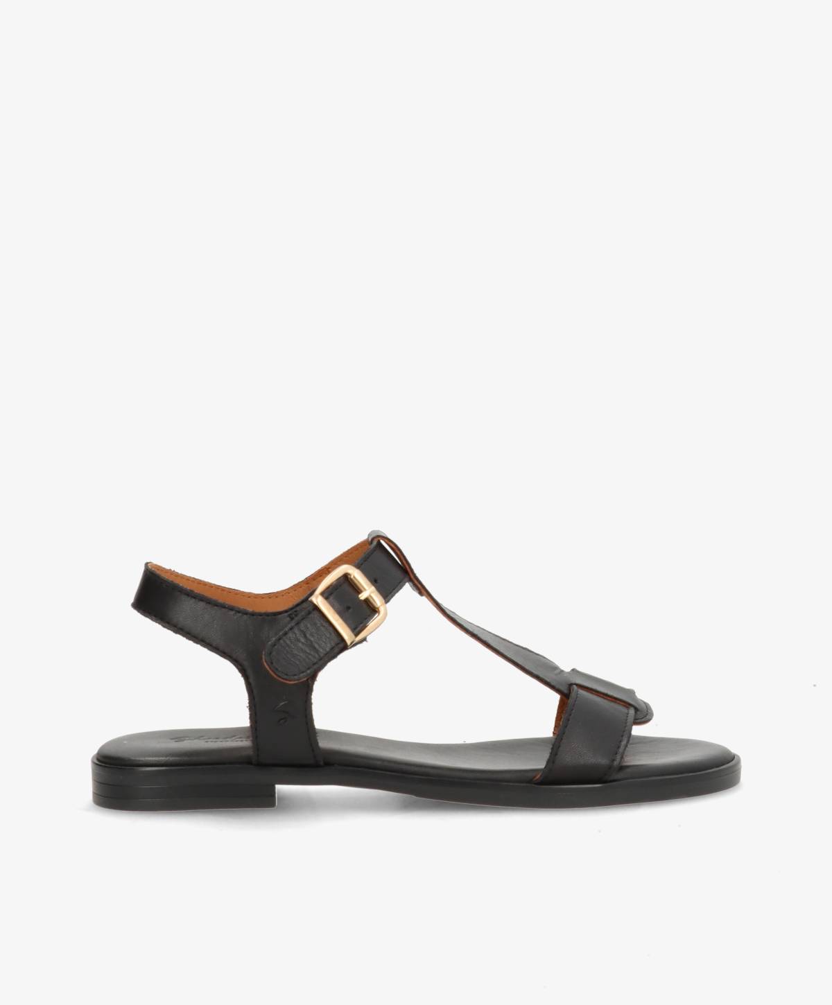 Sort lædersandal fra Shoedesign Copenhagen med justerbar rem og guldspænde.