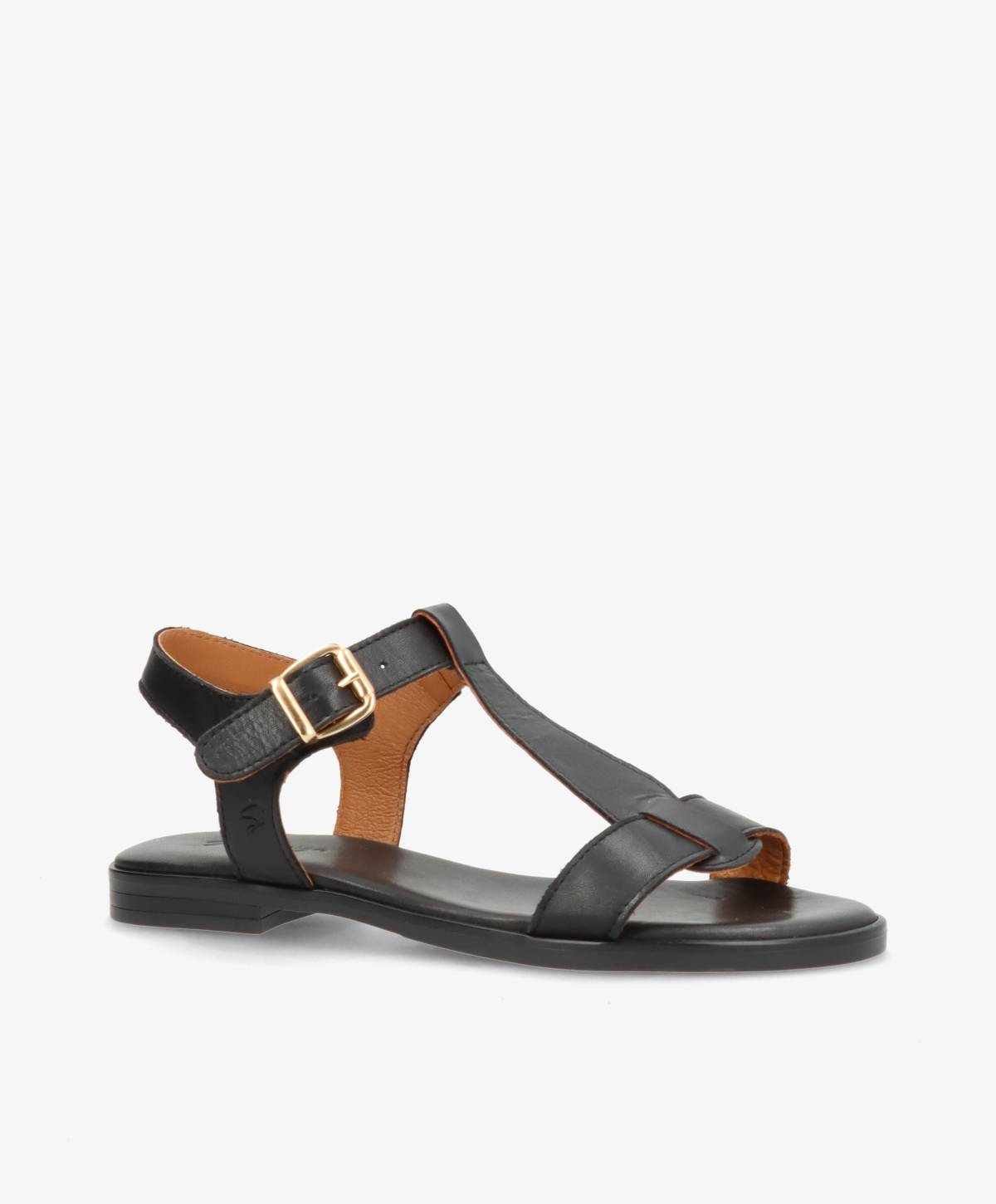 Sort lædersandal fra Shoedesign Copenhagen med justerbar rem og guldspænde.