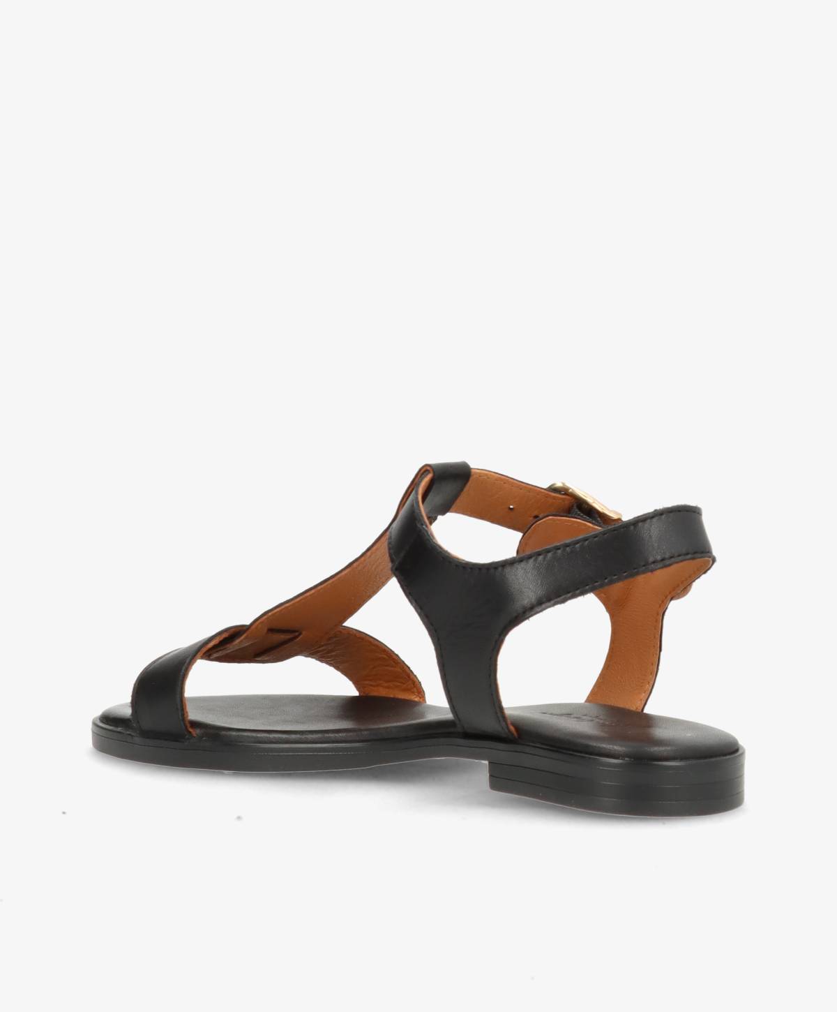 Sort læder sandal fra Shoedesign Copenhagen set bagfra, med justerbar rem og flad sål.