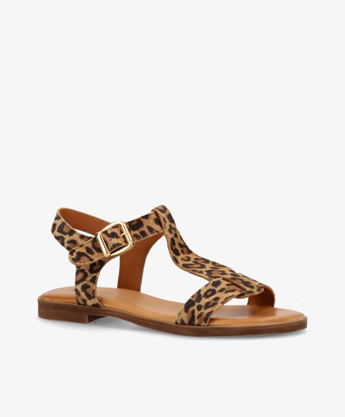Sandaler fra Shoedesign Copenhagen i leopardmønstret ruskind med guldfarvet spænde.