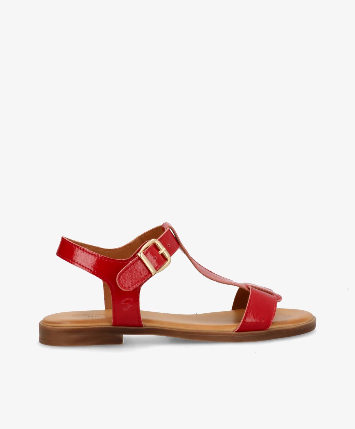 Rød læder sandal fra Shoedesign Copenhagen med spænde og flad sål.