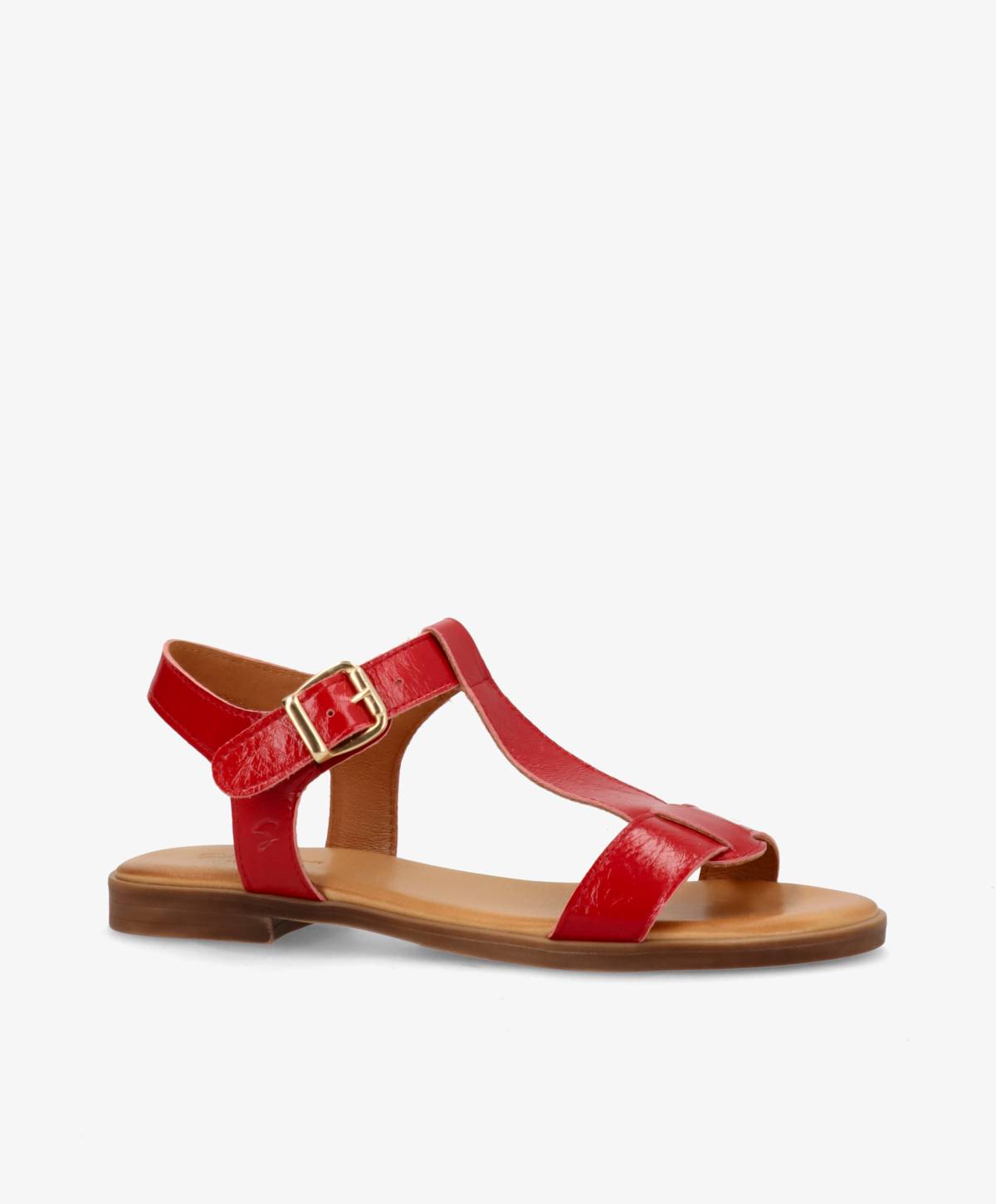 Rød læder sandal fra Shoedesign Copenhagen med justerbar rem og flad sål.
