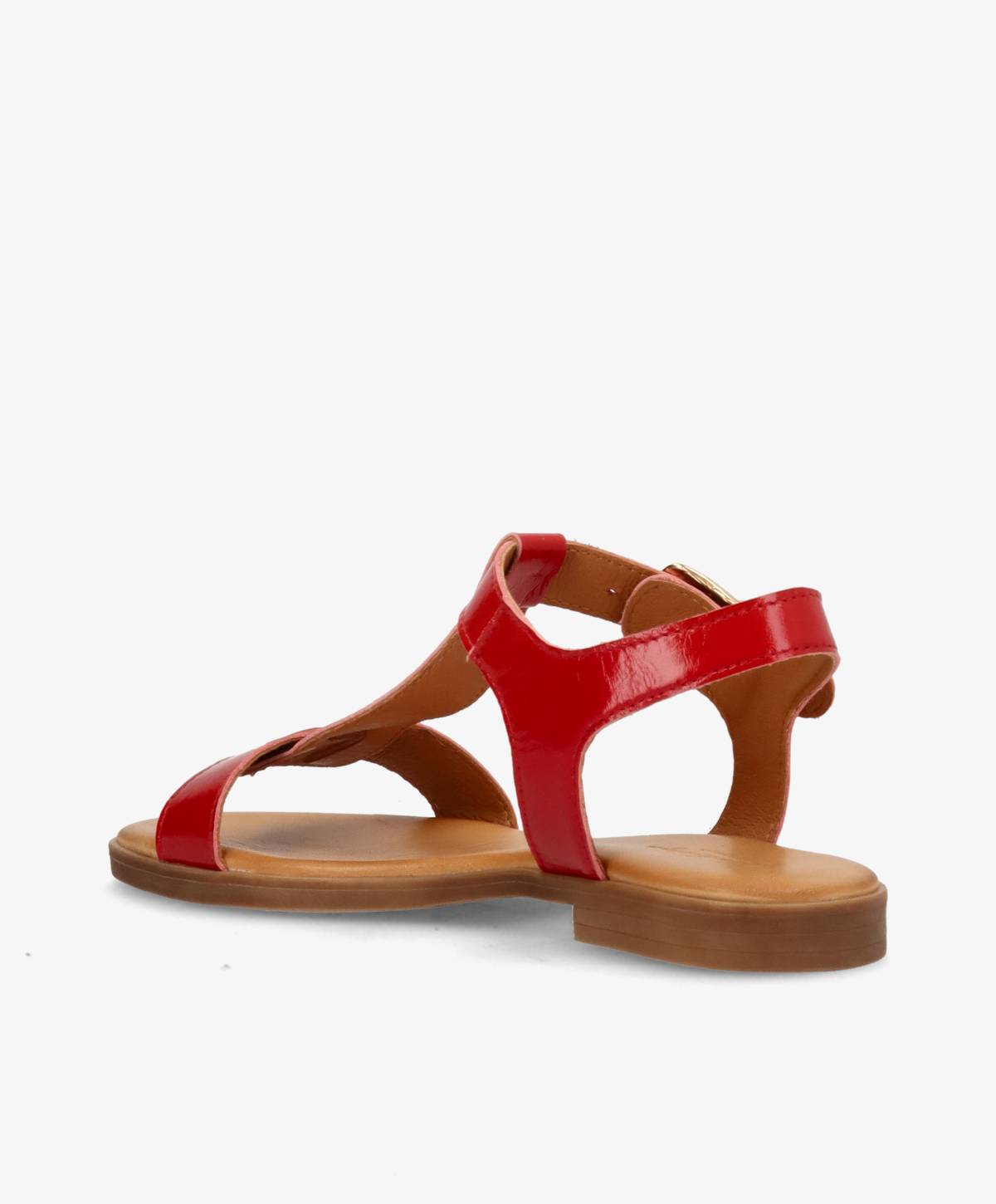 Rød læder sandal fra Shoedesign Copenhagen med patent finish og flad sål.