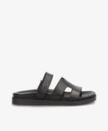 Sort læder sandal fra Shoedesign Copenhagen med to brede remme og flad sål.