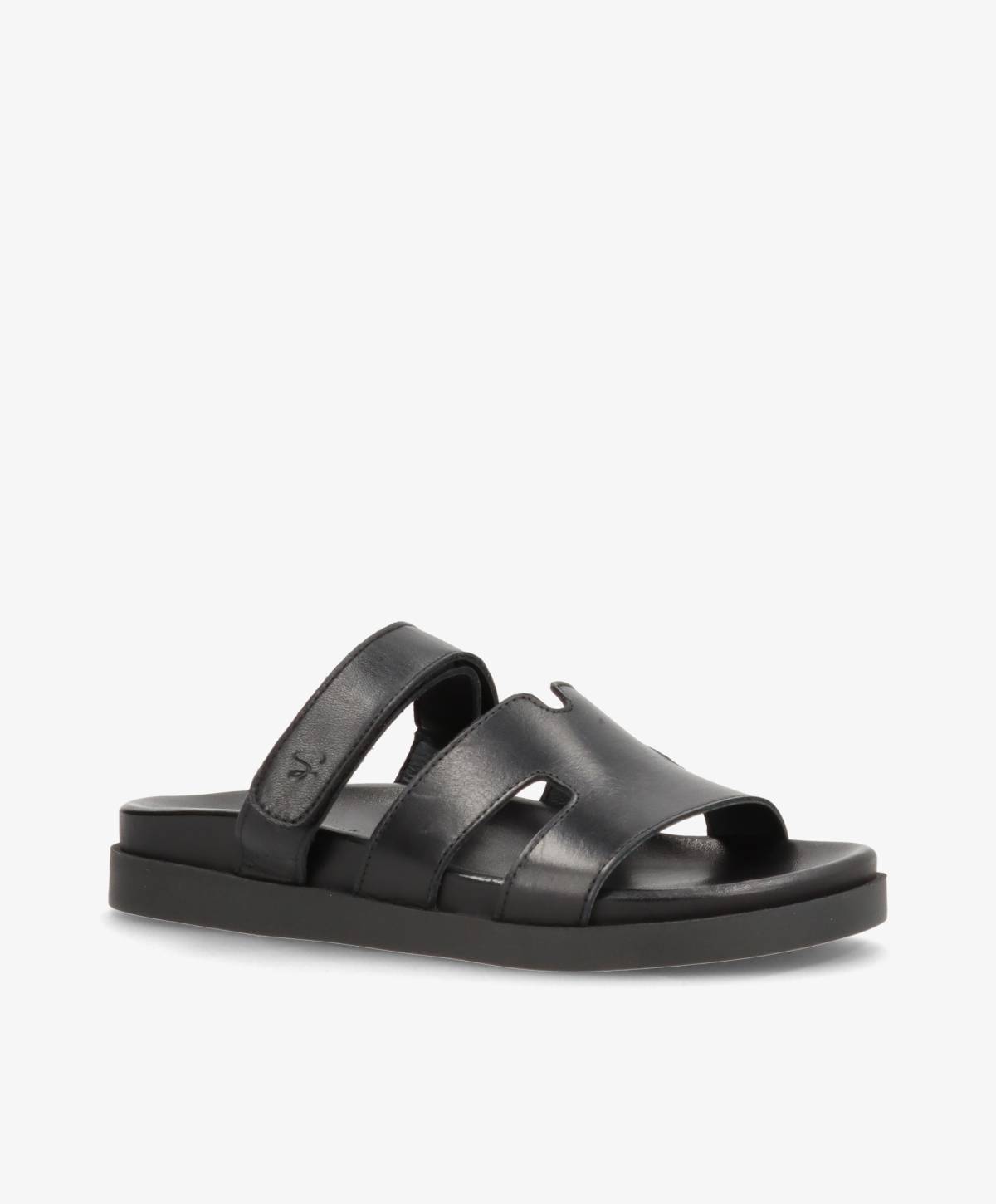 Sort læder sandal fra Shoedesign Copenhagen med to brede remme og flad sål.