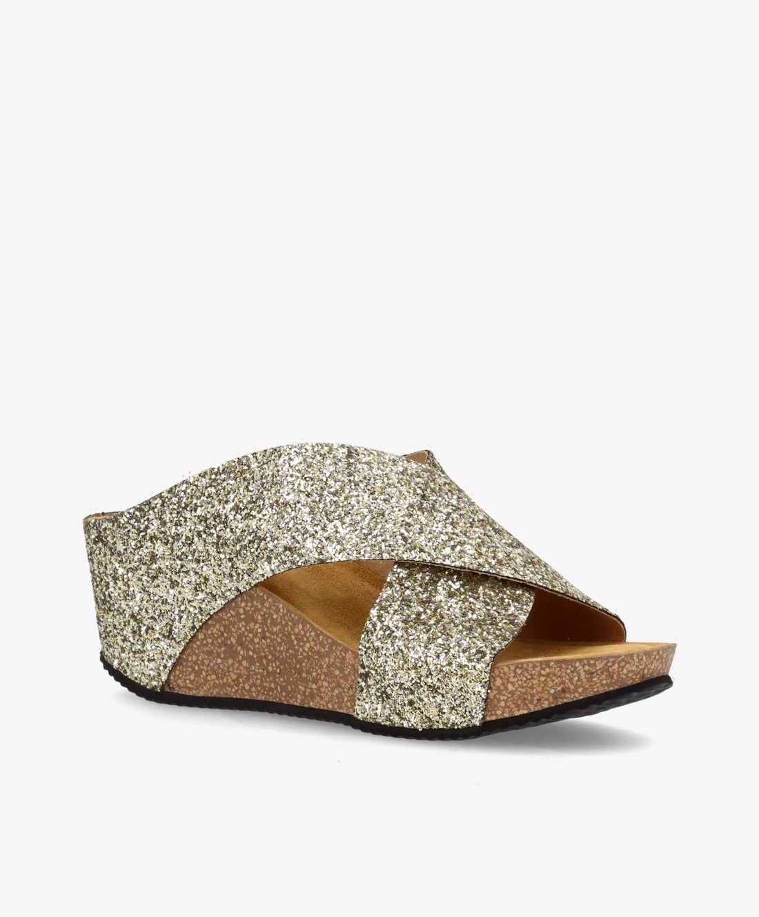 Guldglitrende damesandal fra Shoedesign Copenhagen med krydsrem og kilehæl.