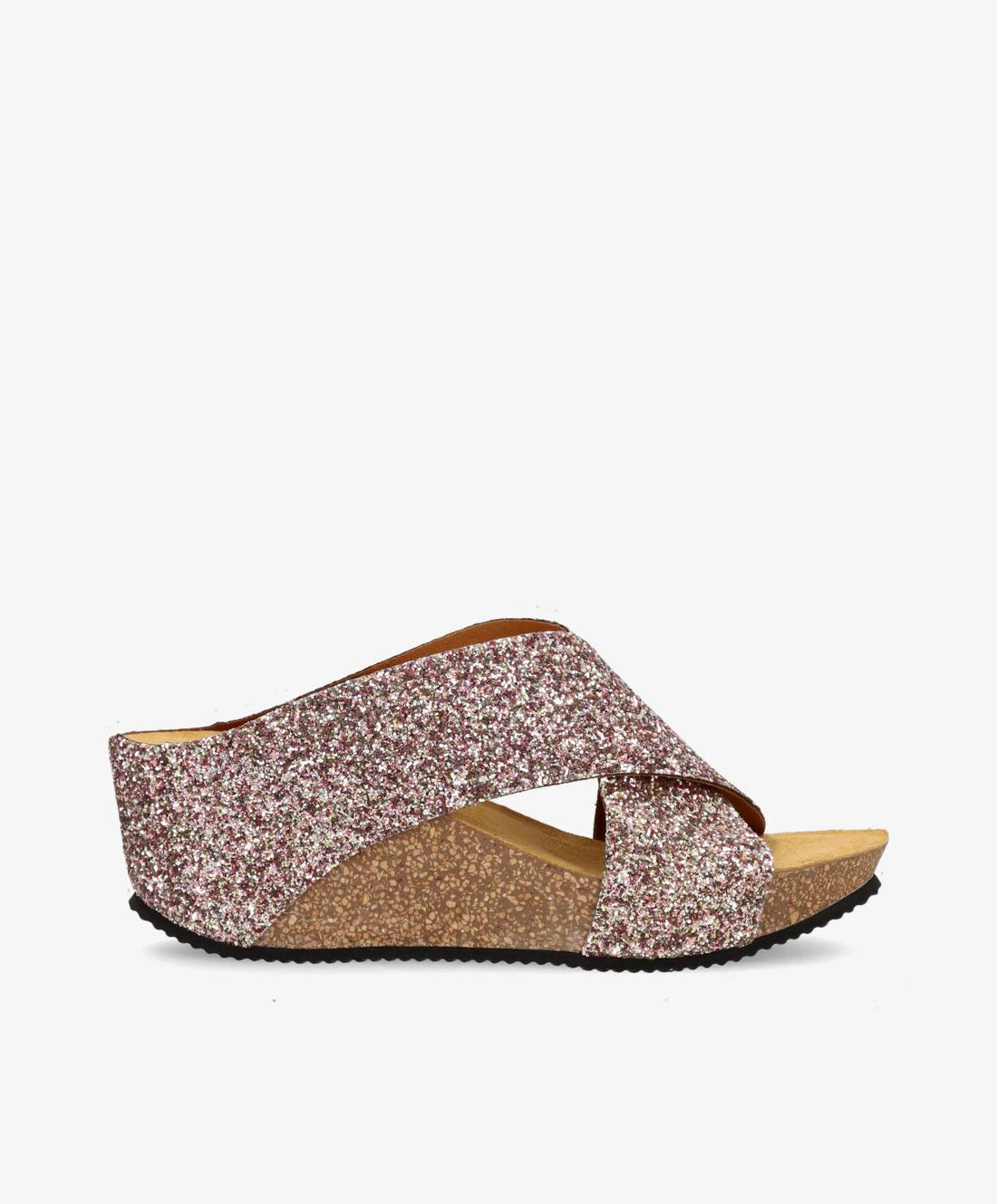 Lyserød glittersandal til kvinder fra Shoedesign Copenhagen med kilehæl og krydsremme.