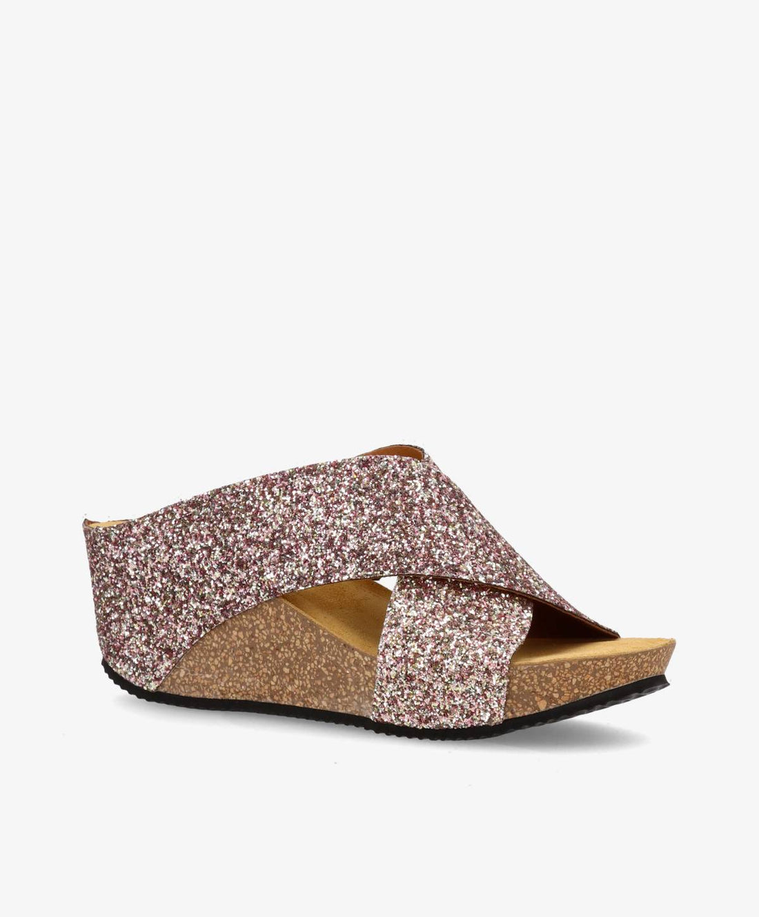 Lyserød glittersandal til kvinder fra Shoedesign Copenhagen med kilehæl og krydsremme.