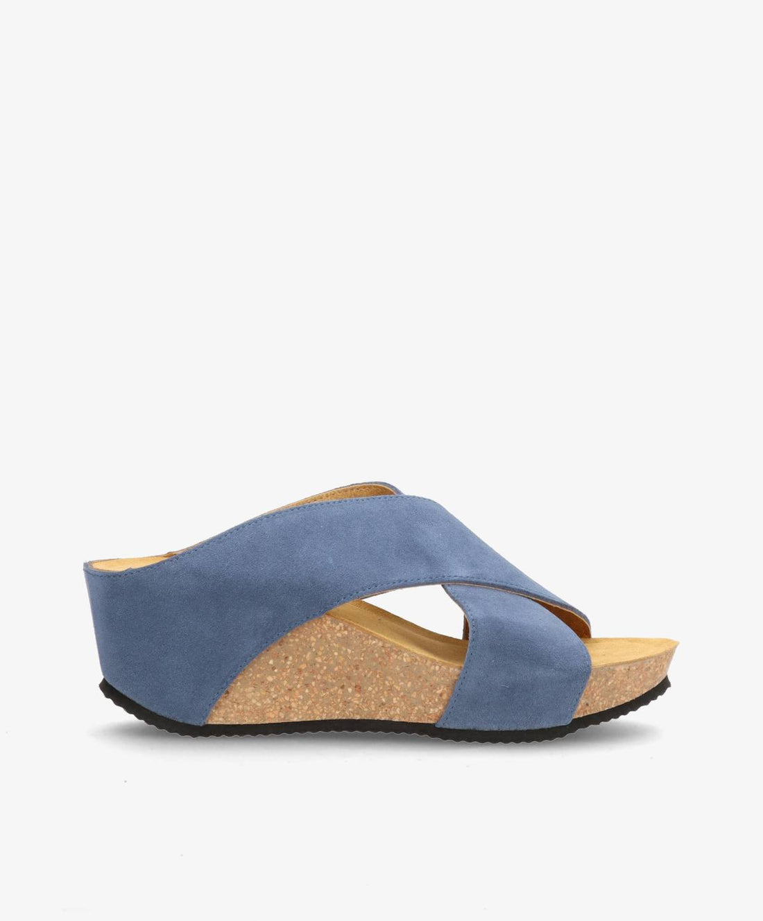 Blå sandal med kilehæl fra Shoedesign Copenhagen, lavet af ruskind med krydsremme og korksål.