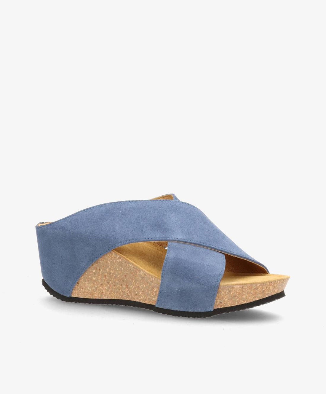 Blå sandal med kilehæl fra Shoedesign Copenhagen, lavet af ruskind med krydsremme og korksål.