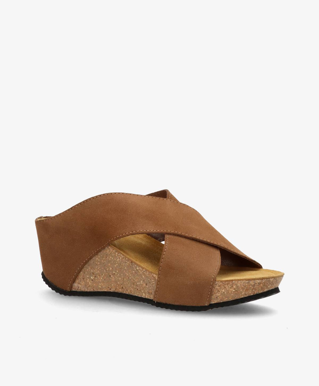 Brun sandal med kilehæl fra Shoedesign Copenhagen, lavet af ruskind med krydsede stropper og korksål.