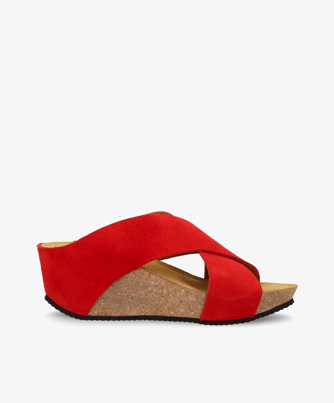 Rød sandal fra Shoedesign Copenhagen med kilehæl og krydsede stropper.