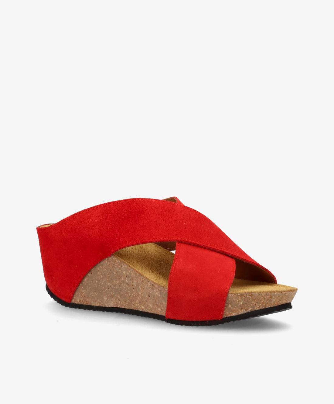 Rød sandal fra Shoedesign Copenhagen med kilehæl og krydsede stropper.