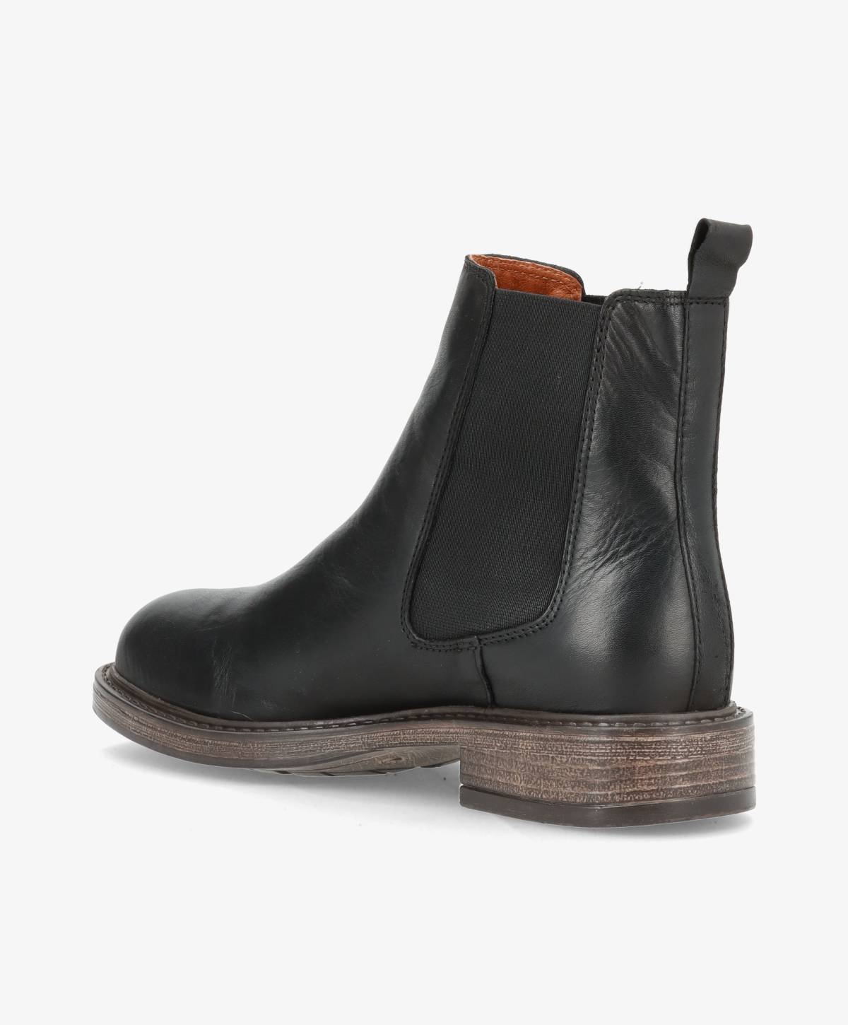 Sort læder Chelsea-støvle fra Shoedesign Copenhagen med elastiske sidepaneler og brun sål.