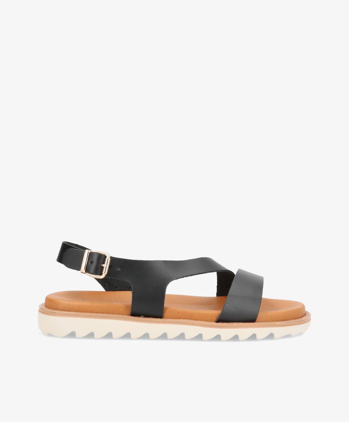 Sort lædersandal fra Shoedesign Copenhagen med justerbar rem og hvid sål.