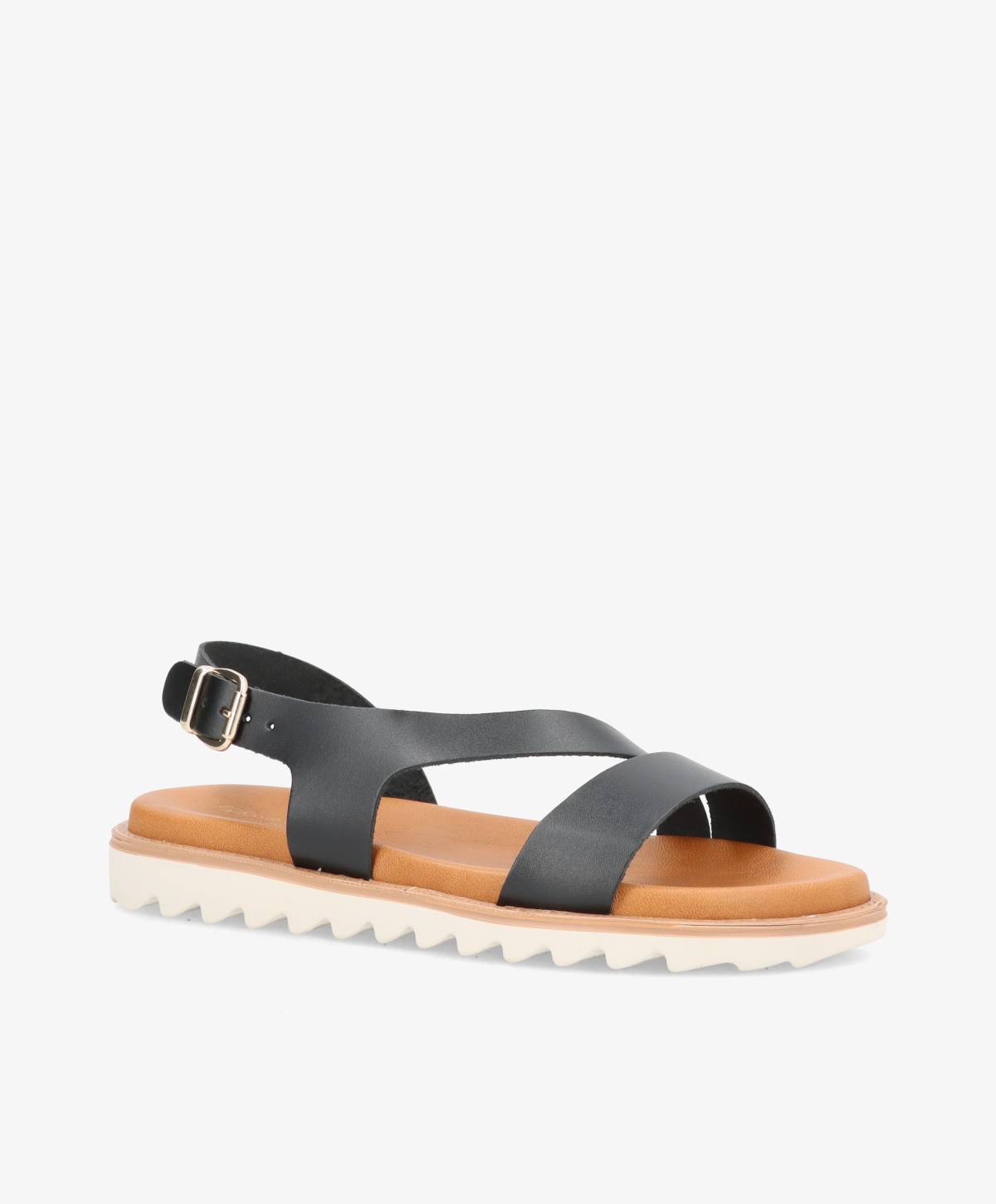 Sort lædersandal fra Shoedesign Copenhagen med krydsrem og justerbar spænde, flad sål i hvidt gummi.