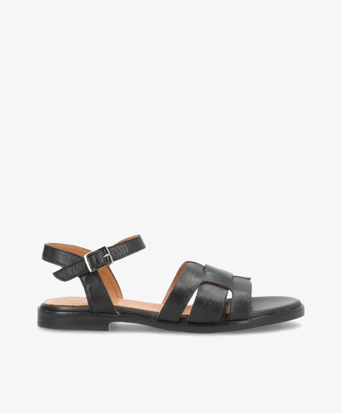 Sort lædersandal fra Shoedesign Copenhagen med justerbar ankelrem og flad sål.