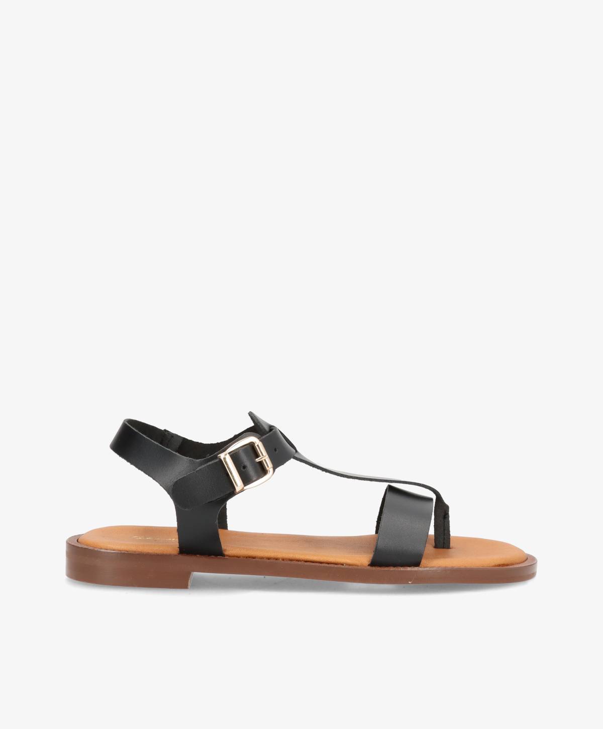 Sort lædersandal fra Shoedesign Copenhagen med justerbar rem og brun sål.