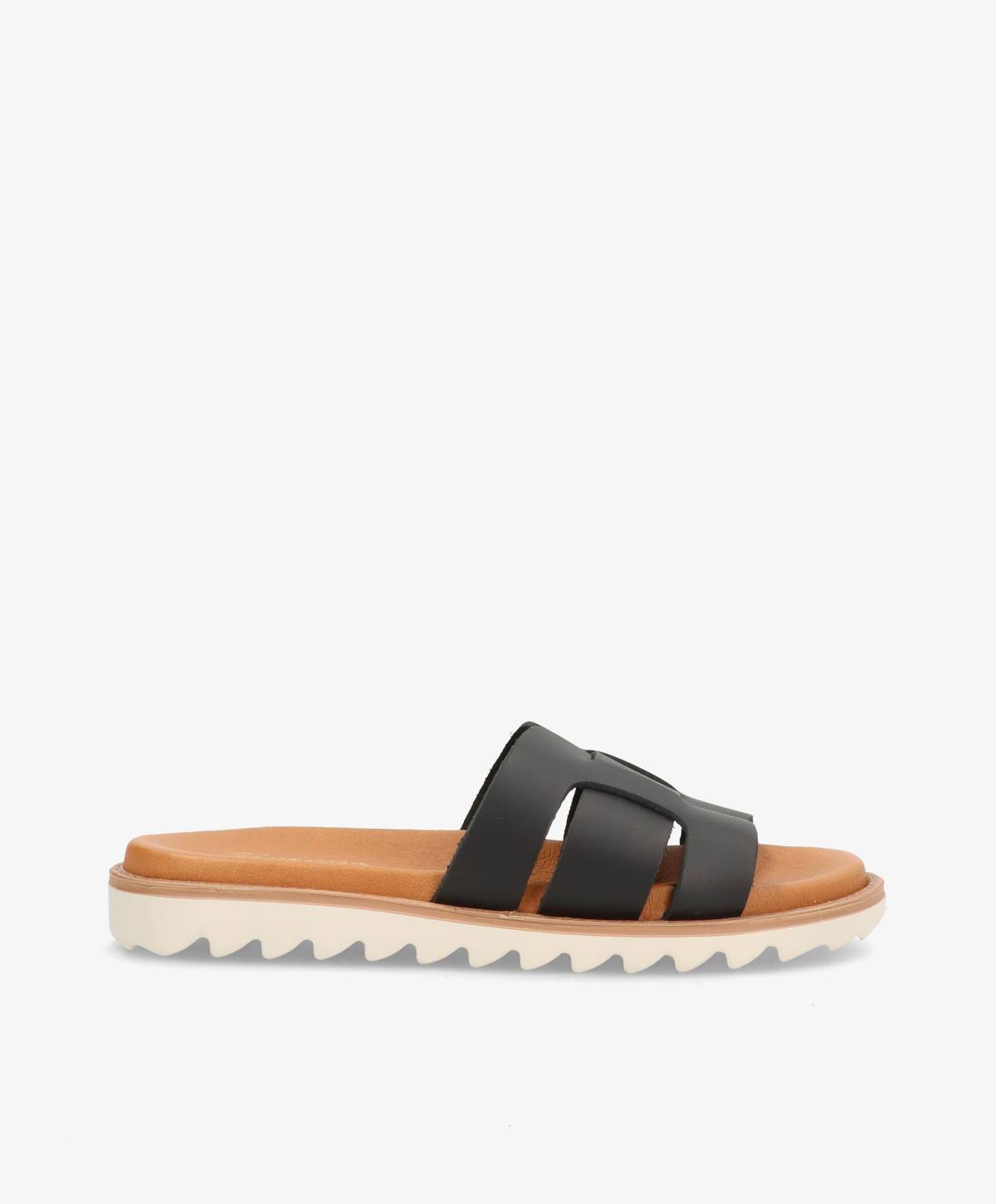 Sort læder sandal fra Shoedesign Copenhagen med brun sål og hvid zigzag ydersål.