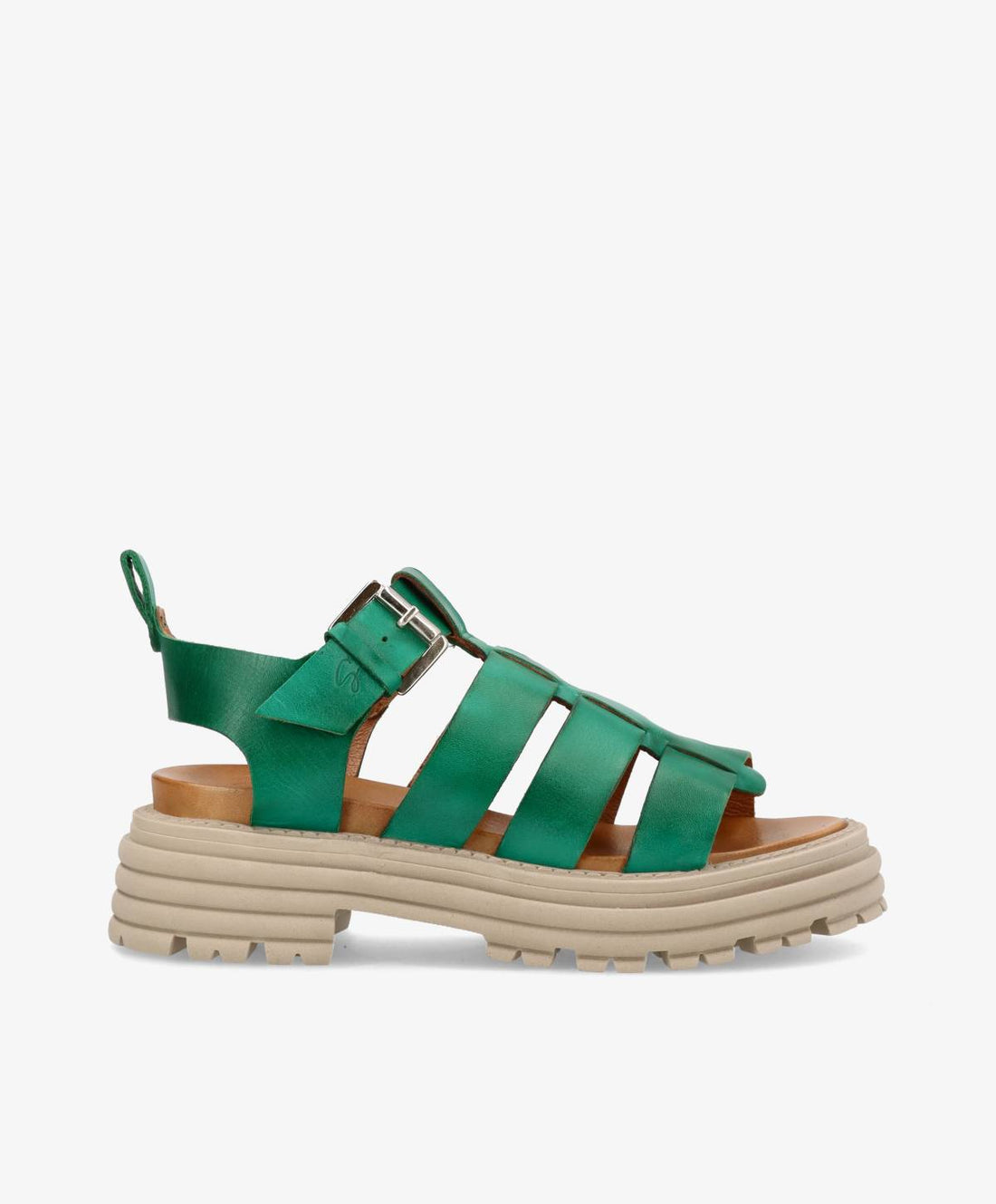 Grønne lædersandaler fra Shoedesign Copenhagen med tyk, beige sål og justerbar rem.