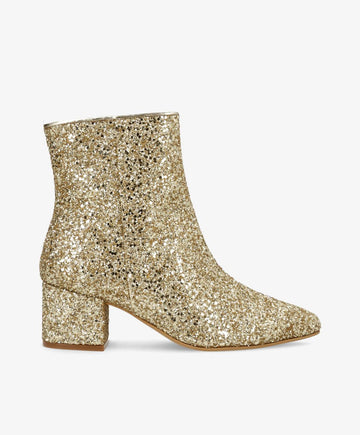 Guldglitrende ankelstøvle med blokhæl fra Shoedesign Copenhagen.