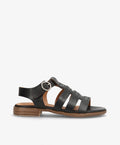 Sort lædersandal fra Shoedesign Copenhagen med justerbar rem og spænde, flad sål og flettede detaljer.