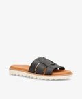 Sort læder sandal fra Shoedesign Copenhagen med hvid sål og brun indersål.