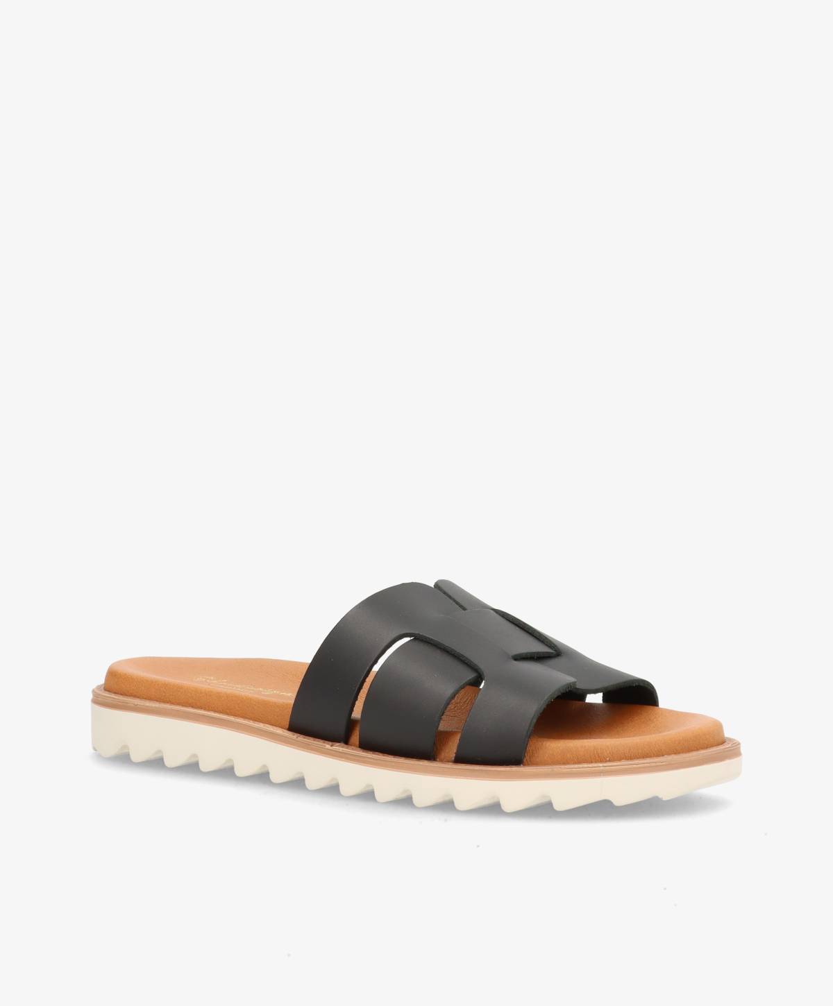 Sort læder sandal fra Shoedesign Copenhagen med hvid sål og brun indersål.