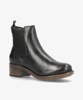 Sort ankelstøvle fra Shoedesign Copenhagen med elastikpaneler og træfarvet hæl.