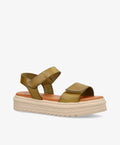 Sandaler fra Shoedesign Copenhagen i olivengrøn med justerbare stropper og en tyk, beige sål.