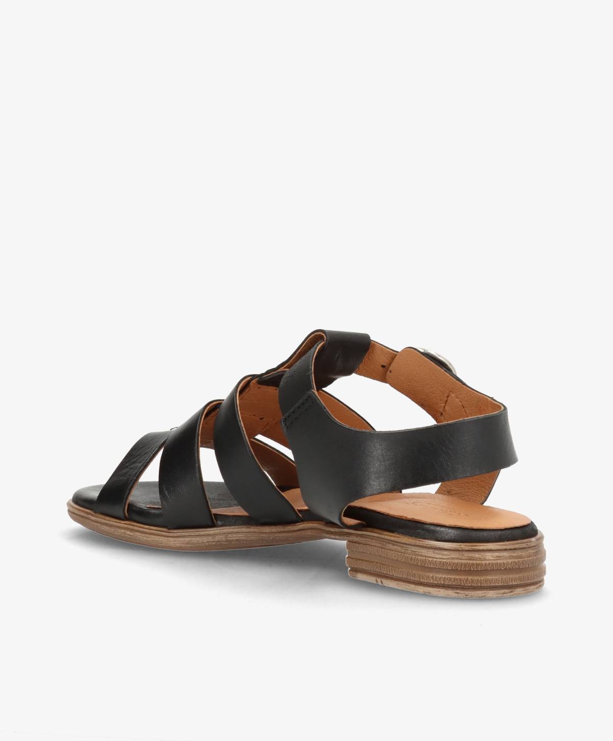 Sort lædersandal fra Shoedesign Copenhagen med flade såler og flere remme.