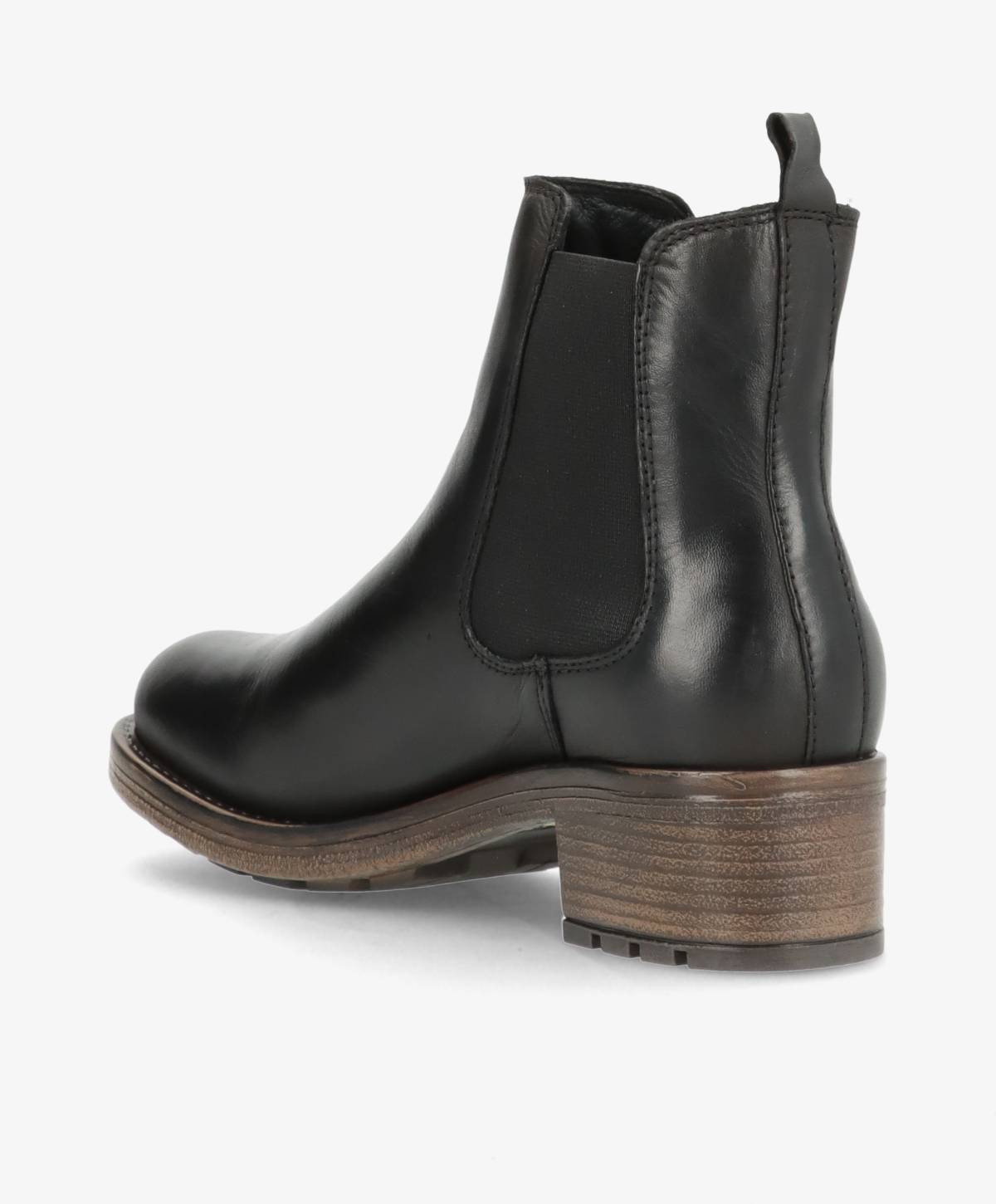 Sort læderstøvle fra Shoedesign Copenhagen med elastikpaneler og træfarvet hæl.