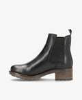Sort læderstøvle fra Shoedesign Copenhagen med elastikpaneler og brun hæl.