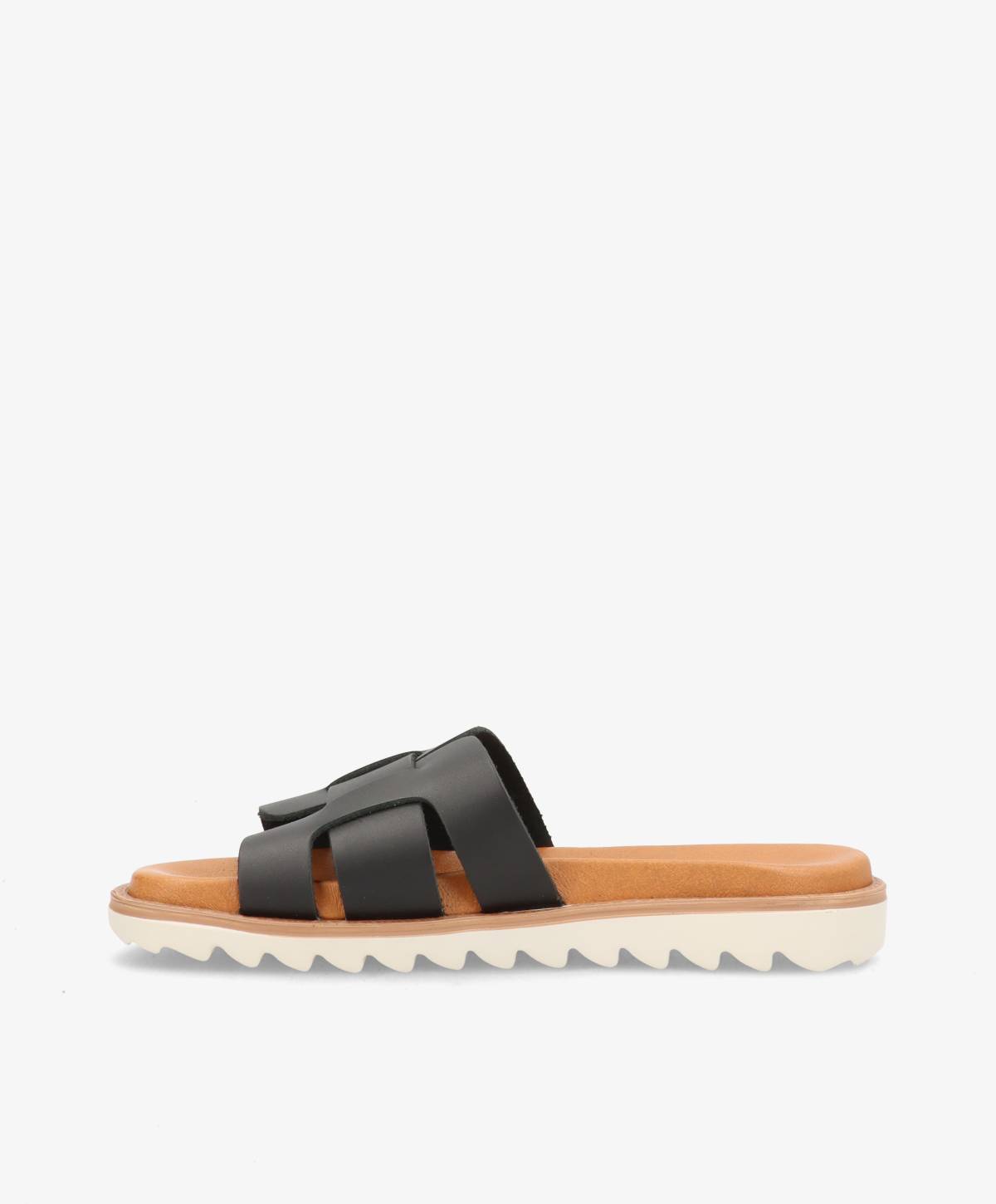 Sort læder sandal fra Shoedesign Copenhagen med brun sål og hvid bølget ydersål.