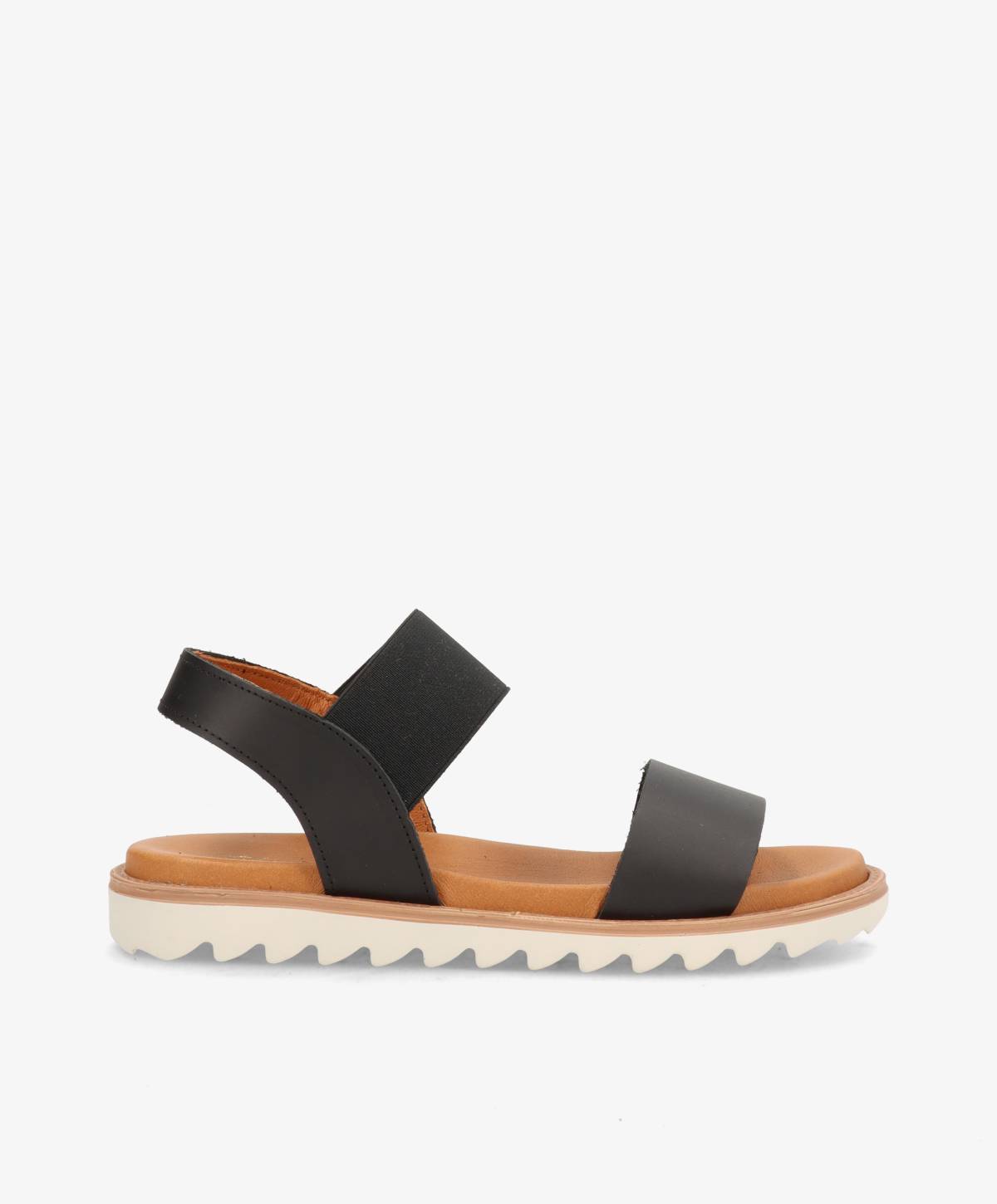 Sort sandal fra Shoedesign Copenhagen med elastiske stropper og hvid sål.