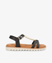 Sort sandal fra Shoedesign Copenhagen med gulddetaljer og hvid sål.