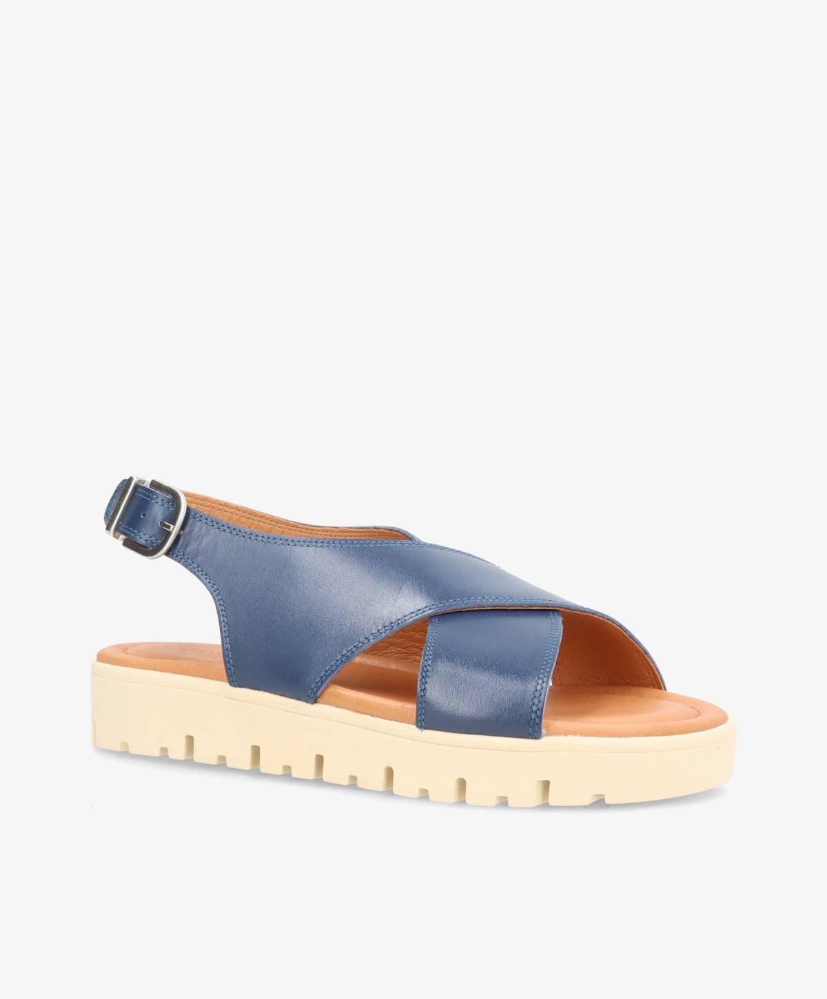 Blå lædersandal med krydsremme og justerbar spænde fra Shoedesign Copenhagen, flad hvid sål.