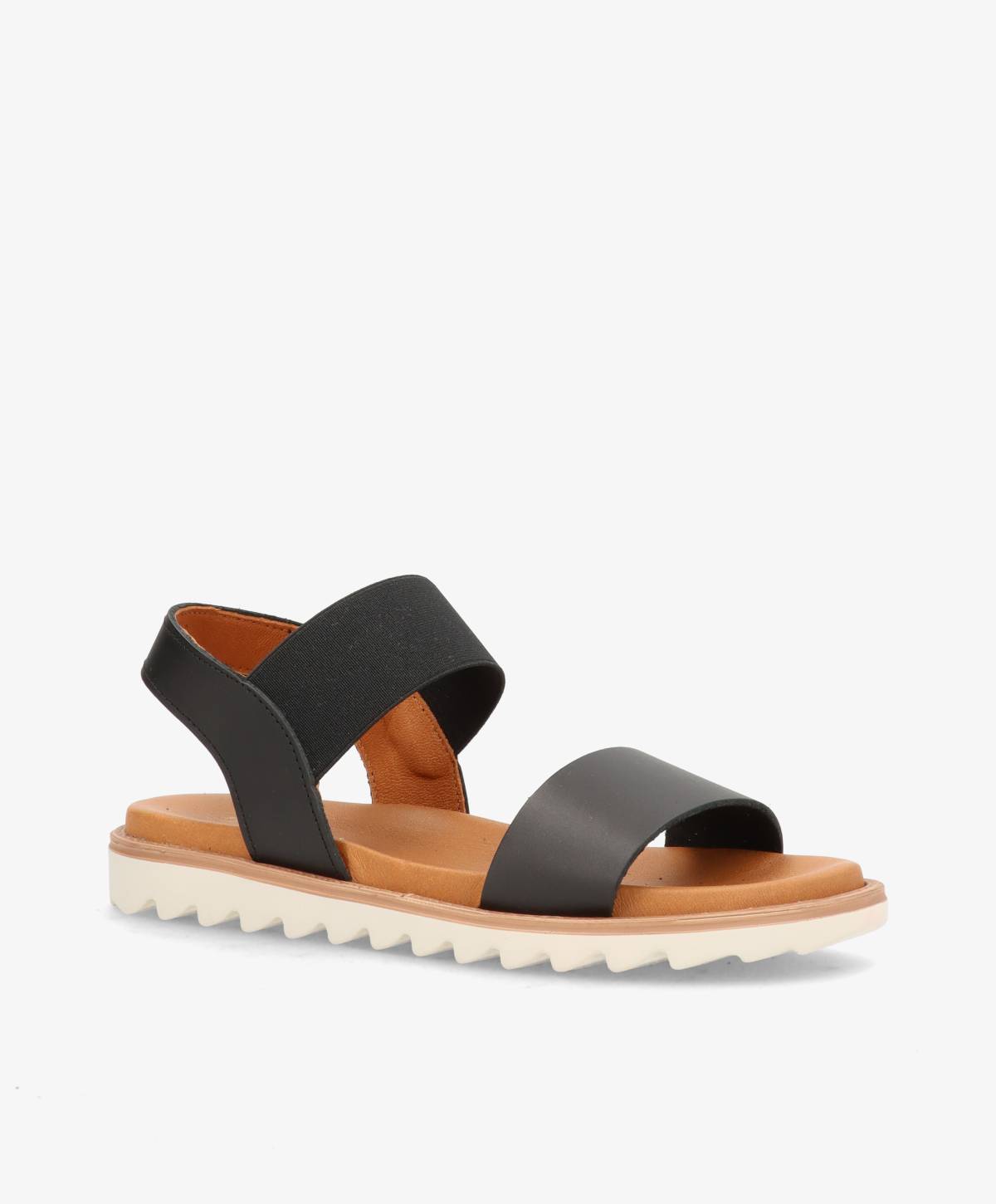 Sort sandal fra Shoedesign Copenhagen med elastiske stropper og hvid sål.