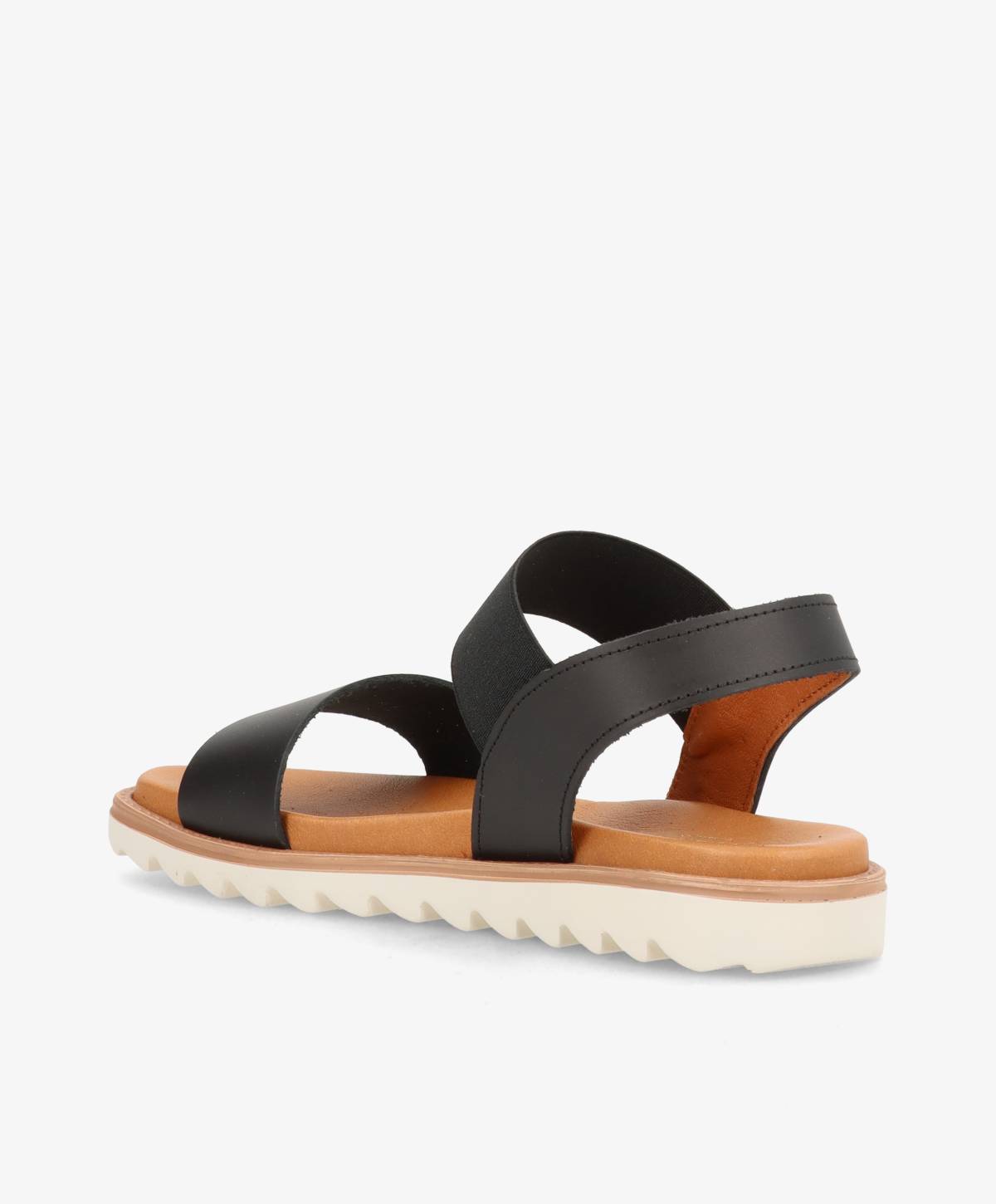 Sort lædersandal fra Shoedesign Copenhagen med brun sål og hvidt zigzag-mønster.